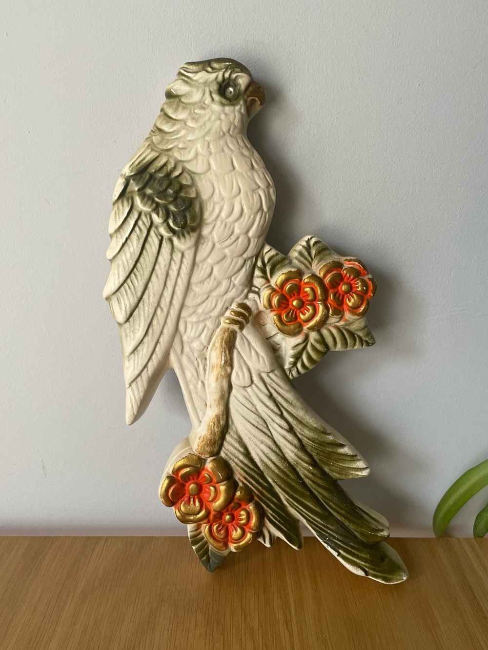 Vintage MCM Favor Tropical Bird Parrot Chalkware Wall Plaque with Orange Flower